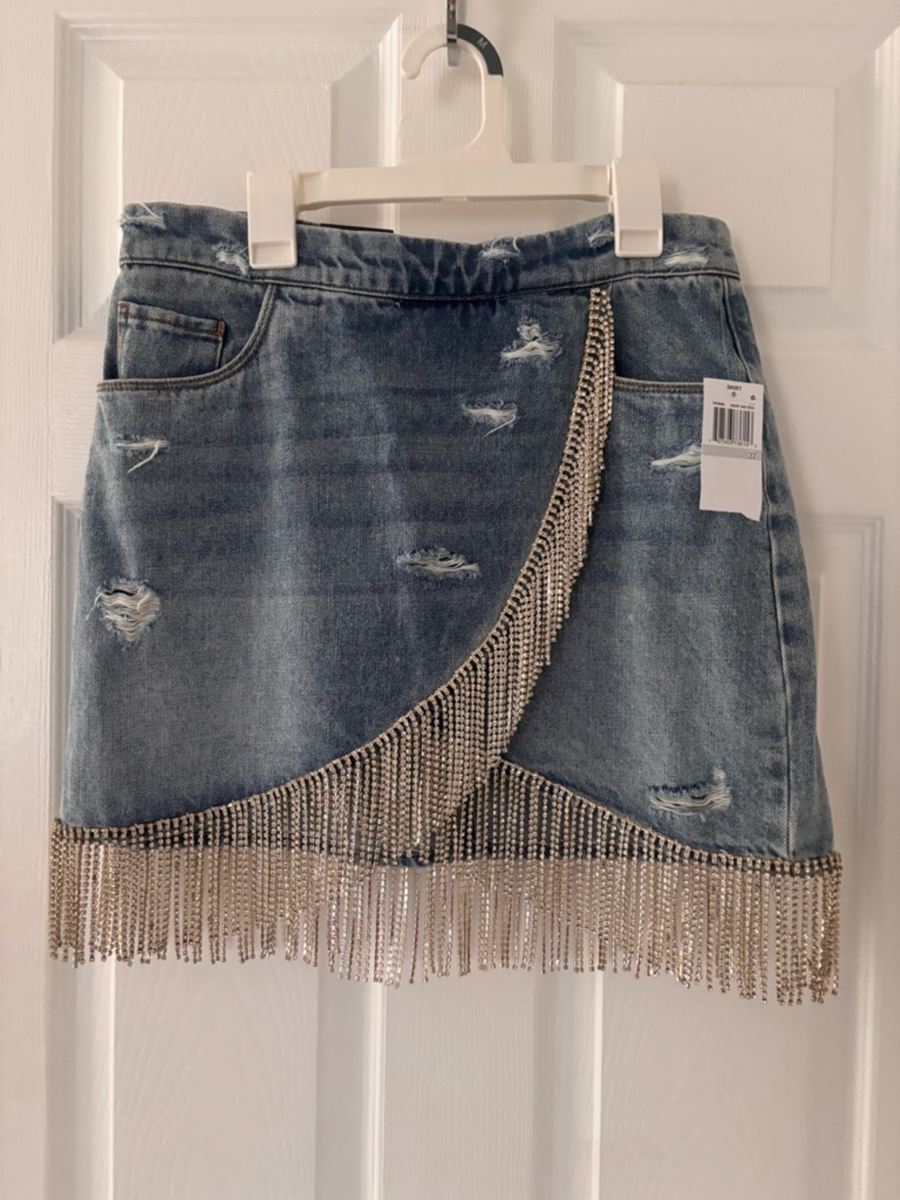 BLANKYC denim mink skirt with rhinestone fringe - Picture 2 of 11